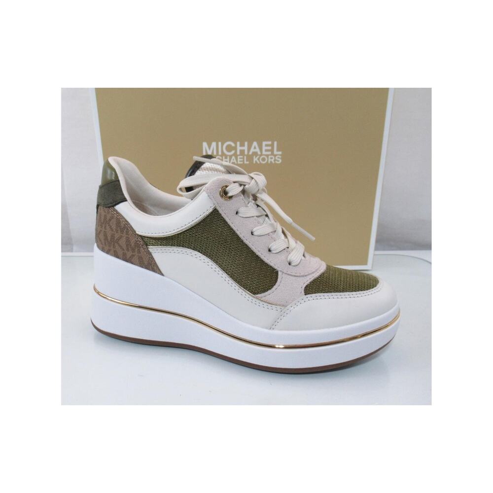 Michael Kors Emmy Wedge Trainer Lace Up Sneakers Leather Husk Multi